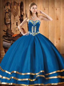 Blue Ball Gowns Organza Sweetheart Sleeveless Embroidery Floor Length Lace Up Ball Gown Prom Dress