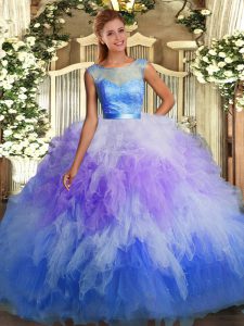 Tulle Scoop Sleeveless Backless Lace and Ruffles Quinceanera Gowns in Multi-color