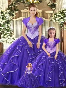 Top Selling Tulle Scoop Sleeveless Lace Up Beading and Ruffles Ball Gown Prom Dress in Purple