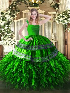 Stunning Green Straps Zipper Beading and Lace and Ruffles Quinceanera Gown Sleeveless