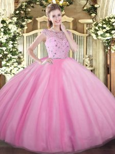 Rose Pink Sleeveless Floor Length Beading Zipper Sweet 16 Quinceanera Dress