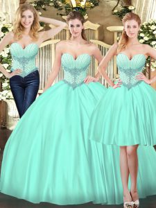 Luxury Floor Length Lace Up Party Dress Apple Green for Military Ball and Sweet 16 and Quinceanera with Beading