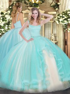 Aqua Blue Ball Gowns Beading Sweet 16 Quinceanera Dress Zipper Tulle Sleeveless Floor Length