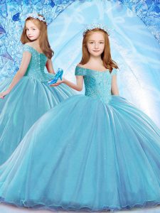 Latest Ball Gowns Cap Sleeves Baby Blue Pageant Gowns For Girls Brush Train Lace Up