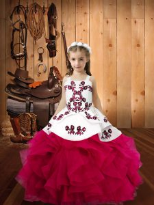 Fuchsia Straps Lace Up Embroidery and Ruffles Pageant Dress for Girls Sleeveless