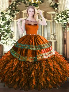 Spectacular Rust Red Zipper Quinceanera Dresses Beading and Appliques and Ruffles Sleeveless Floor Length