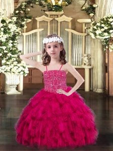 High End Floor Length Fuchsia Pageant Dresses Organza Sleeveless Beading and Ruffles