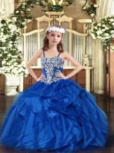 Lovely Appliques and Ruffles Little Girls Pageant Gowns Blue Lace Up Sleeveless Floor Length