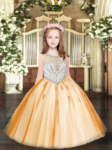Gorgeous Tulle Scoop Sleeveless Zipper Beading and Appliques Little Girl Pageant Dress in Orange