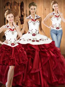 Flare Wine Red Organza Lace Up Halter Top Sleeveless Floor Length Quince Ball Gowns Embroidery and Ruffles