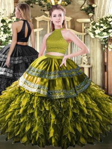 Most Popular Beading and Embroidery and Ruffles Quinceanera Dresses Olive Green Backless Sleeveless Floor Length