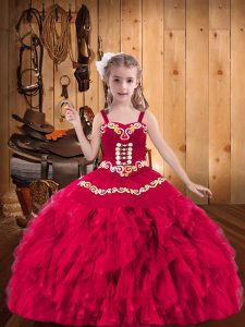 Superior Coral Red Ball Gowns Straps Sleeveless Organza Floor Length Lace Up Embroidery and Ruffles Little Girl Pageant Gowns