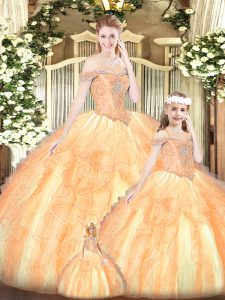 Floor Length Orange Red Ball Gown Prom Dress Tulle Sleeveless Beading and Ruffles
