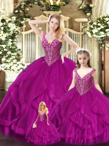 High Class Ball Gowns Quinceanera Dress Fuchsia Straps Tulle Sleeveless Floor Length Lace Up