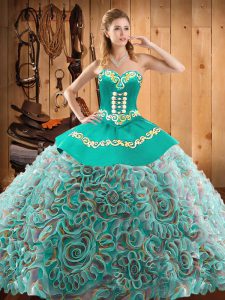 Satin and Fabric With Rolling Flowers Sweetheart Sleeveless Brush Train Lace Up Embroidery Ball Gown Prom Dress in Multi-color