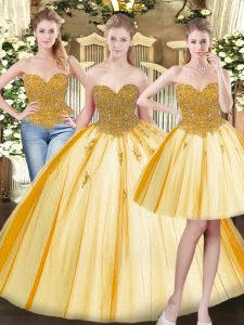 Sweetheart Sleeveless Lace Up Quinceanera Gown Gold Tulle