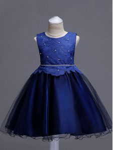 Sleeveless Organza Knee Length Zipper Custom Made Pageant Dress in Navy Blue with Lace
