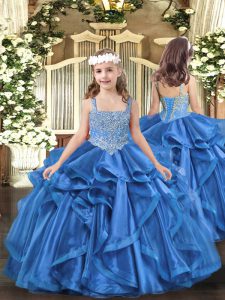 Baby Blue Lace Up Pageant Dress for Teens Beading and Ruffles Sleeveless Floor Length