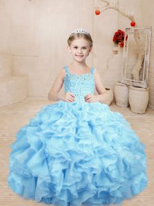 Straps Sleeveless Pageant Gowns For Girls Floor Length Beading and Ruffles Baby Blue Organza