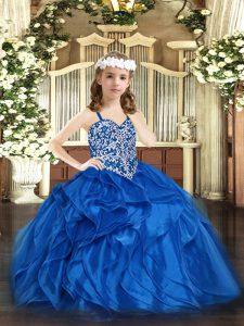 Blue Sleeveless Organza Lace Up Kids Pageant Dress for Party and Quinceanera