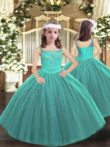 Sweet Teal Ball Gowns Straps Sleeveless Tulle Floor Length Lace Up Beading Kids Pageant Dress