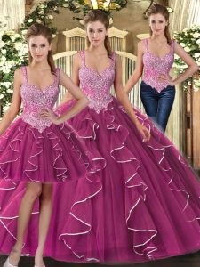 Ball Gowns Sweet 16 Quinceanera Dress Fuchsia Straps Tulle Sleeveless Floor Length Lace Up