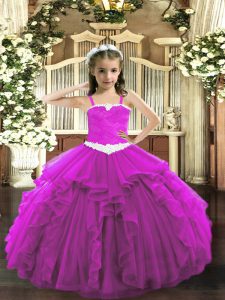Sleeveless Tulle Floor Length Lace Up Kids Formal Wear in Fuchsia with Appliques and Ruffles