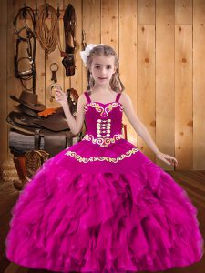 Inexpensive Straps Sleeveless Organza Pageant Gowns Embroidery and Ruffles Lace Up