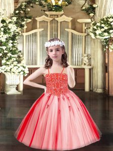 Coral Red Spaghetti Straps Lace Up Beading Little Girls Pageant Gowns Sleeveless