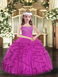Latest Fuchsia Ball Gowns Beading and Ruffles Girls Pageant Dresses Lace Up Tulle Sleeveless Floor Length
