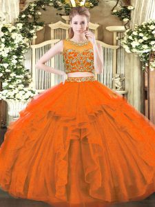 Custom Made Sleeveless Tulle Floor Length Zipper Quince Ball Gowns in Rust Red with Beading and Ruffles