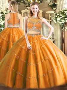 Sleeveless Floor Length Beading Zipper Sweet 16 Quinceanera Dress with Orange