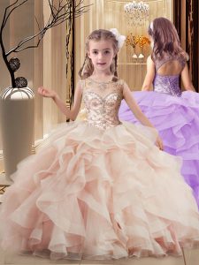Tulle Scoop Sleeveless Brush Train Lace Up Beading and Ruffles Little Girls Pageant Dress in Peach