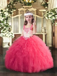 Hot Pink Tulle Lace Up Straps Sleeveless Floor Length Pageant Dress Beading and Ruffles