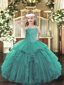 Wonderful Floor Length Lace Up Little Girl Pageant Gowns Turquoise for Party and Quinceanera with Beading and Ruffles