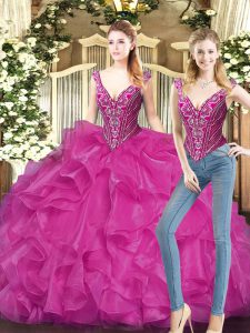Fuchsia Sleeveless Floor Length Ruffles Lace Up Quinceanera Gown