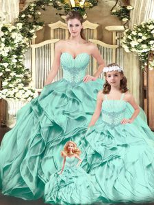 Trendy Ball Gowns Quinceanera Dress Aqua Blue Sweetheart Organza Sleeveless Floor Length Lace Up