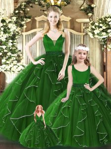 Organza V-neck Sleeveless Zipper Beading and Ruffles Sweet 16 Quinceanera Dress in Green