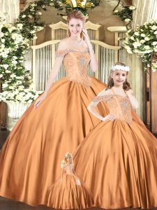 Modern Orange Red Ball Gowns Off The Shoulder Sleeveless Tulle Floor Length Lace Up Beading 15 Quinceanera Dress