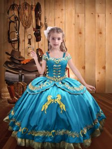 Wonderful Off The Shoulder Sleeveless Lace Up Pageant Dress for Teens Baby Blue Satin