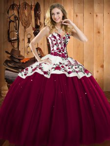 Burgundy Lace Up Sweetheart Embroidery Quinceanera Gown Satin and Tulle Sleeveless