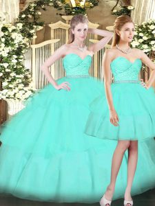 Excellent Aqua Blue Sleeveless Floor Length Ruching Lace Up Quinceanera Dress