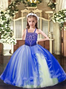 Royal Blue Sleeveless Floor Length Beading Lace Up Little Girl Pageant Gowns