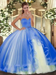 Baby Blue Tulle Lace Up 15th Birthday Dress Sleeveless Floor Length Beading