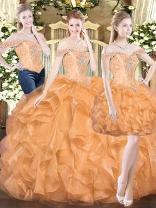Modern Three Pieces Quince Ball Gowns Orange Red Off The Shoulder Organza Sleeveless Floor Length Lace Up