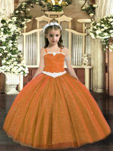 Rust Red Ball Gowns Straps Sleeveless Tulle Floor Length Lace Up Appliques Little Girls Pageant Dress
