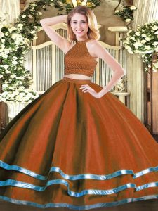 Modest Floor Length Backless 15th Birthday Dress Rust Red for Military Ball and Sweet 16 and Quinceanera with Beading