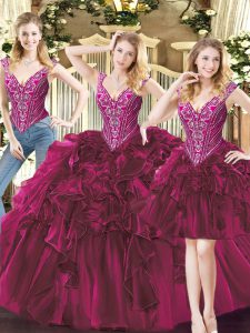 Clearance Fuchsia Three Pieces V-neck Sleeveless Organza Floor Length Lace Up Beading and Ruffles 15th Birthday Dress