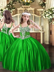 Straps Sleeveless Lace Up Little Girls Pageant Dress Wholesale Green Satin