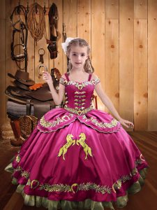 Glorious Hot Pink Satin Lace Up Off The Shoulder Sleeveless Floor Length Little Girl Pageant Gowns Beading and Embroidery